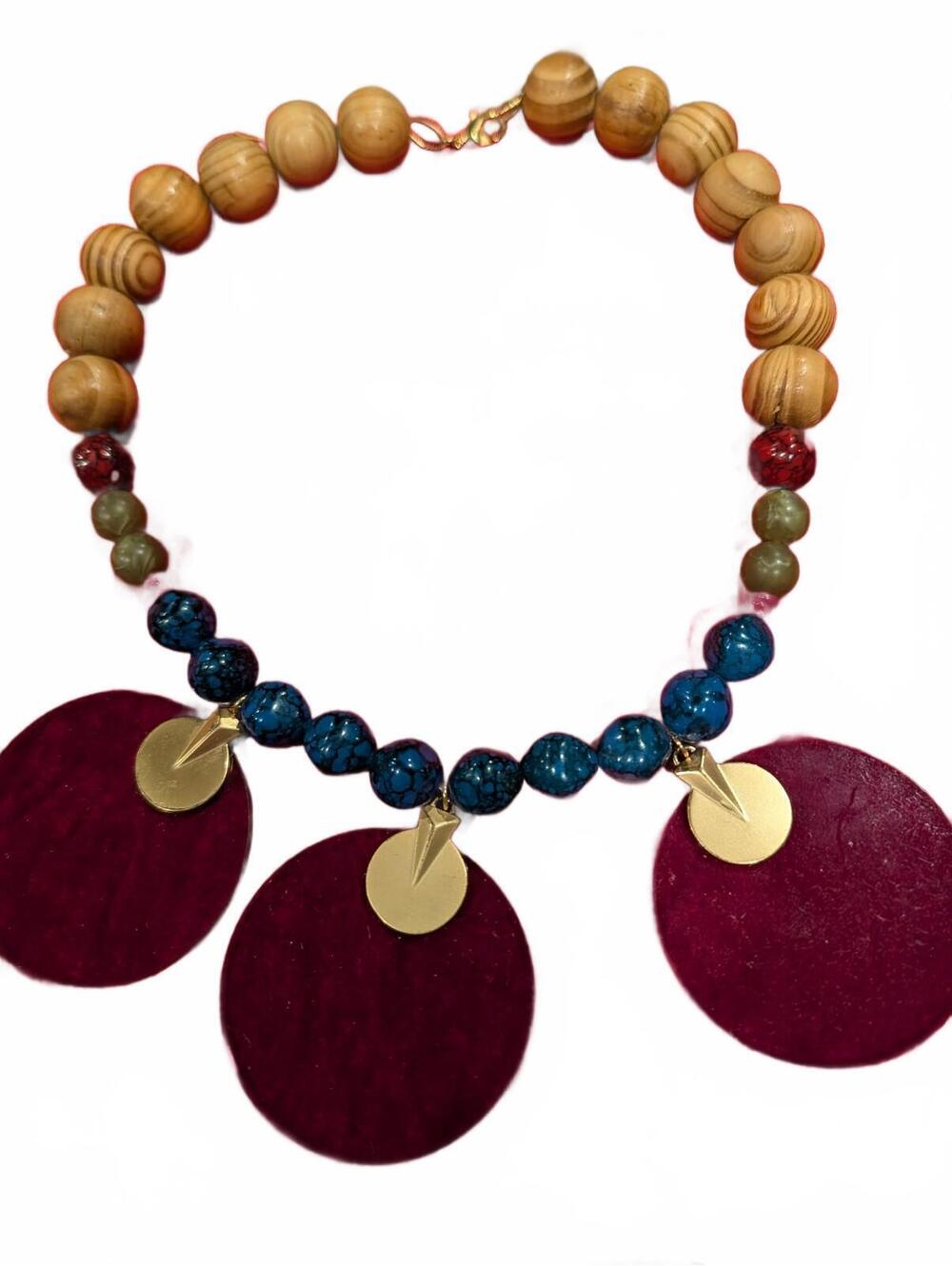 Shelly Dahari Handmade Beaded Statement Necklace with Wood and Resin Discs